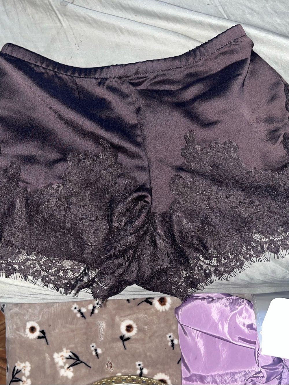 Silky Lace Trim Women's  Shorts - Brown